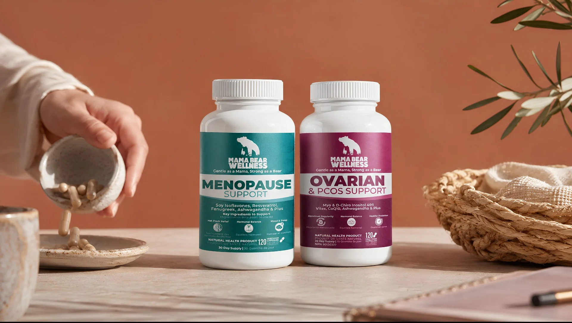Mama Bear Wellness Menopause Support and Ovarian & PCOS Support bottles side by side on a warm styled table