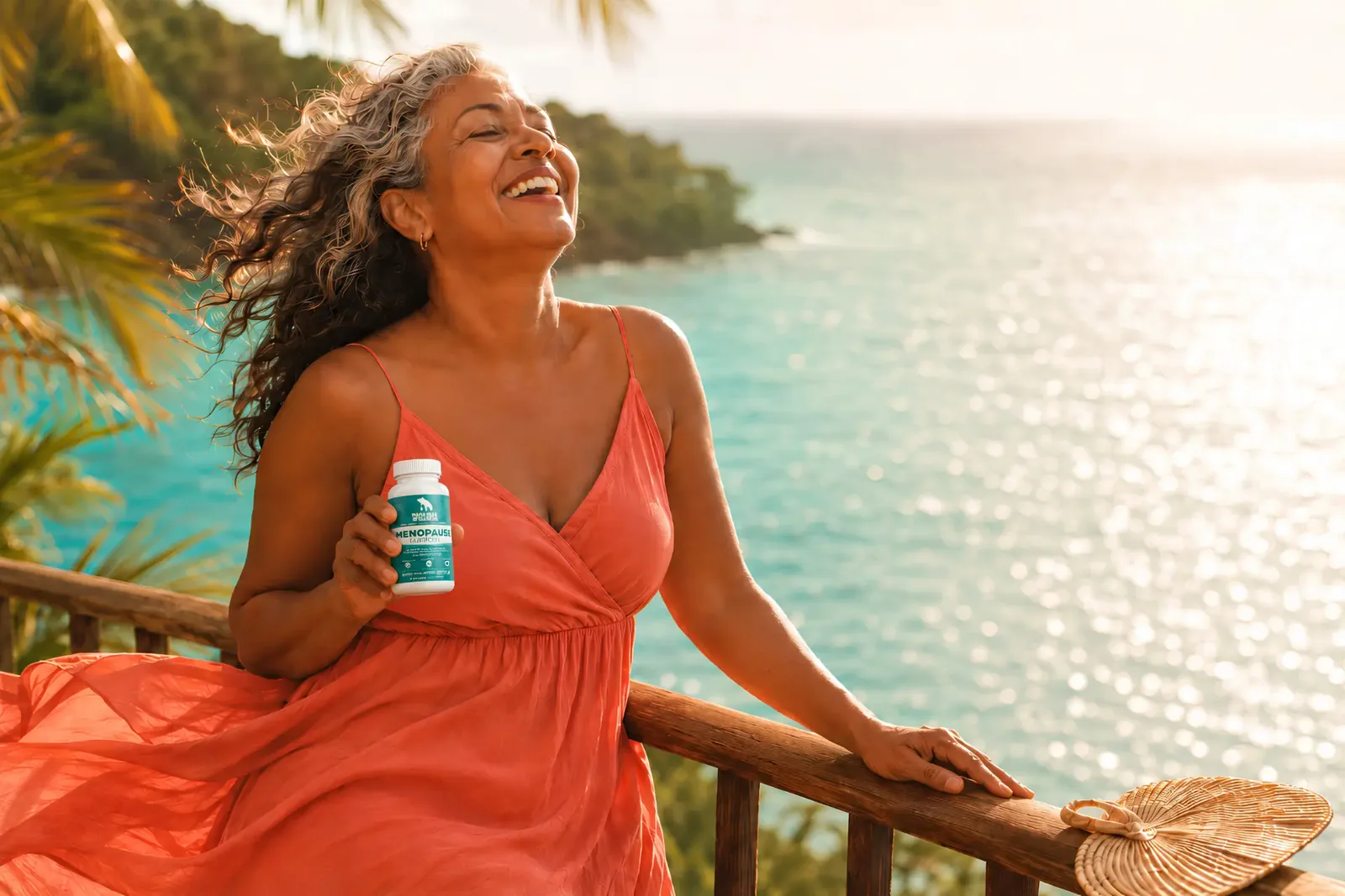 Woman laughing by the ocean holding Mama Bear Wellness Menopause Support supplement bottle